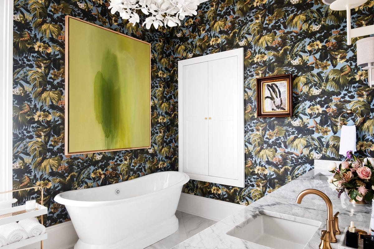 bathroom designed by hattie collins of hattie sparks interiors artwork by mallory page left, hunt slonem