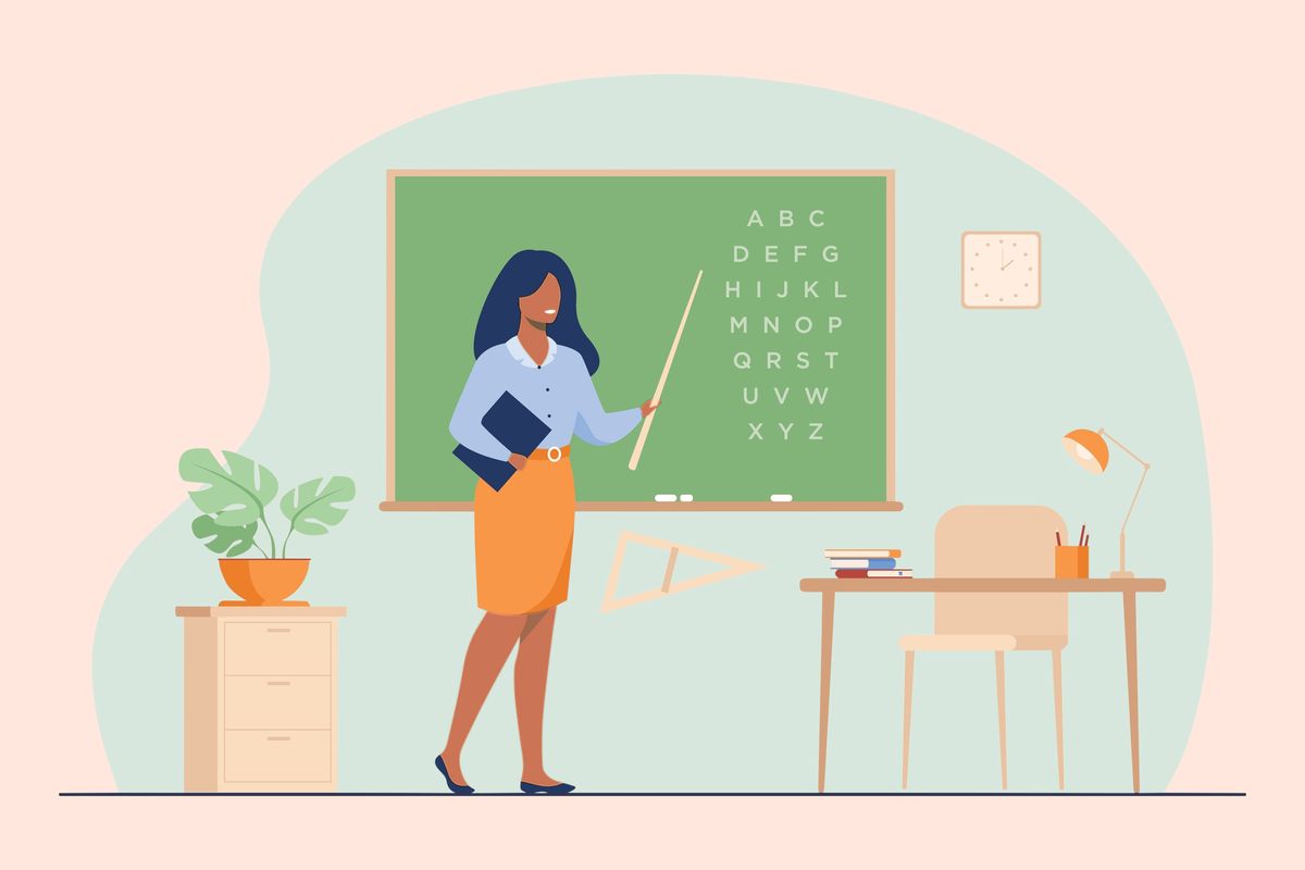illustration of a teacher teaching with a flat design style shutterstock id 2102732872 purchaseorder   job   client   other