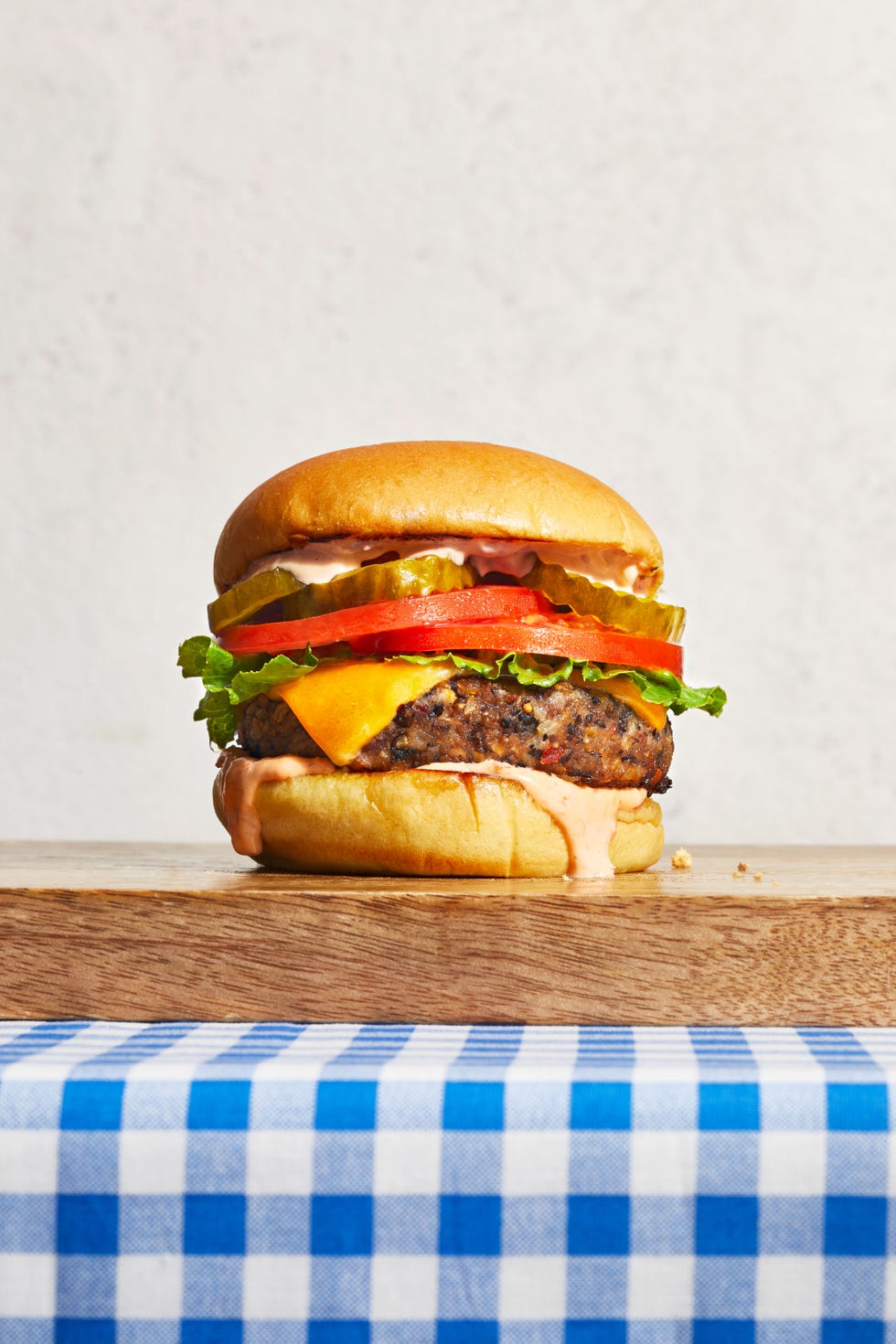 black bean burger on a wooden cutting board