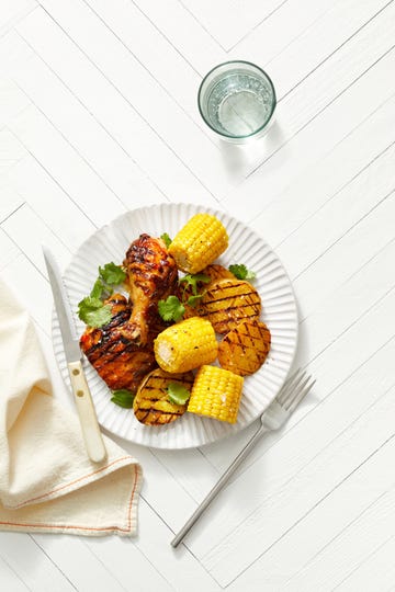 grilled pork with smoky corn salad. bbq and grilling.