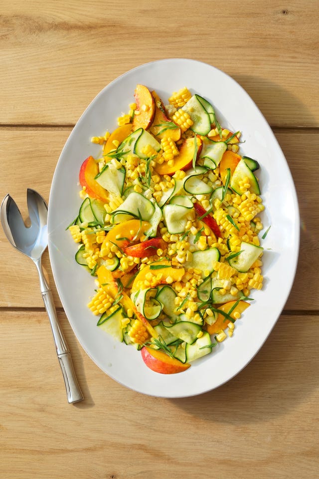 stone fruit and zucchini corn salad. summer salad.