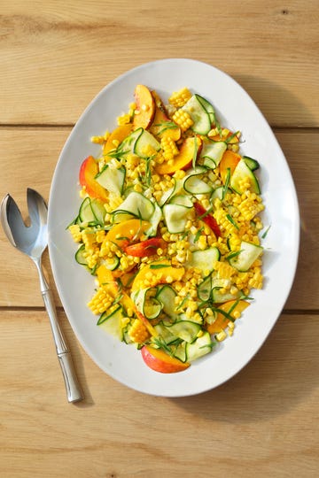 stone fruit and zucchini corn salad. summer salad.