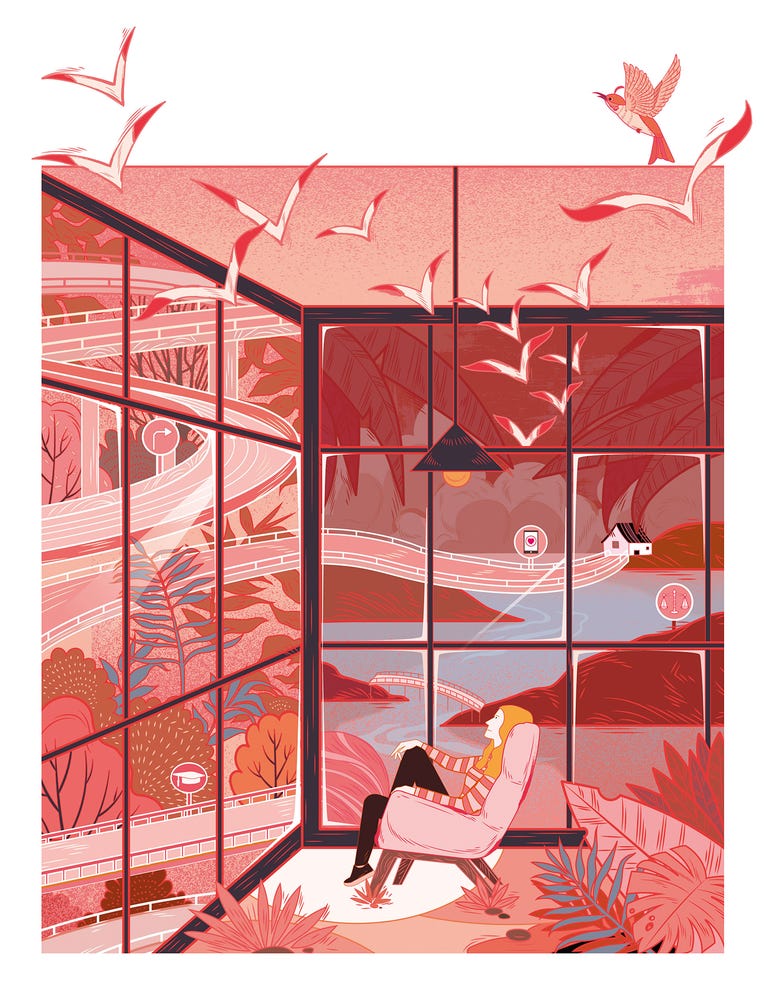 illustrated scene of woman sitting in a chair looking outside of large glass windows with converging paths and bridges signifying different routes