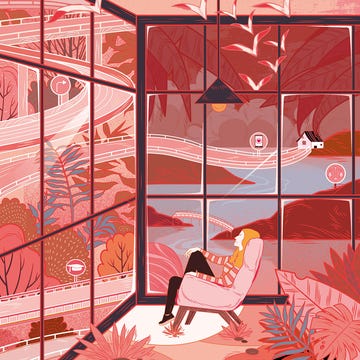 illustrated scene of woman sitting in a chair looking outside of large glass windows with converging paths and bridges signifying different routes illustrated scene of woman sitting in a chair looking outside of large glass windows with converging paths and bridges signifying different routes