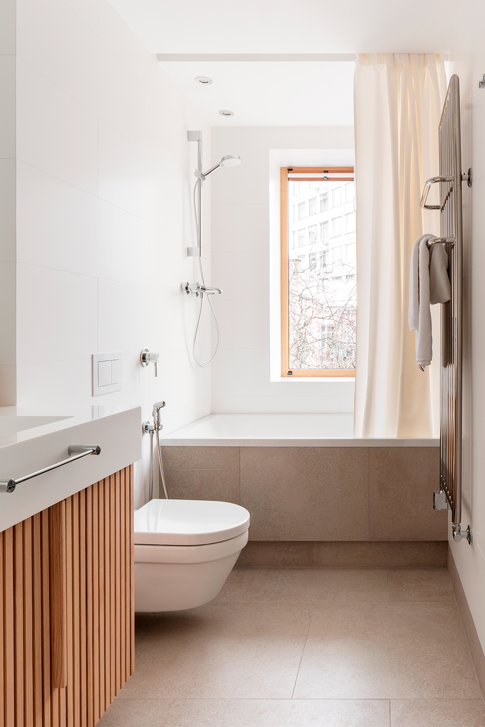 modern bathroom ideas, white with wood slat cabinet