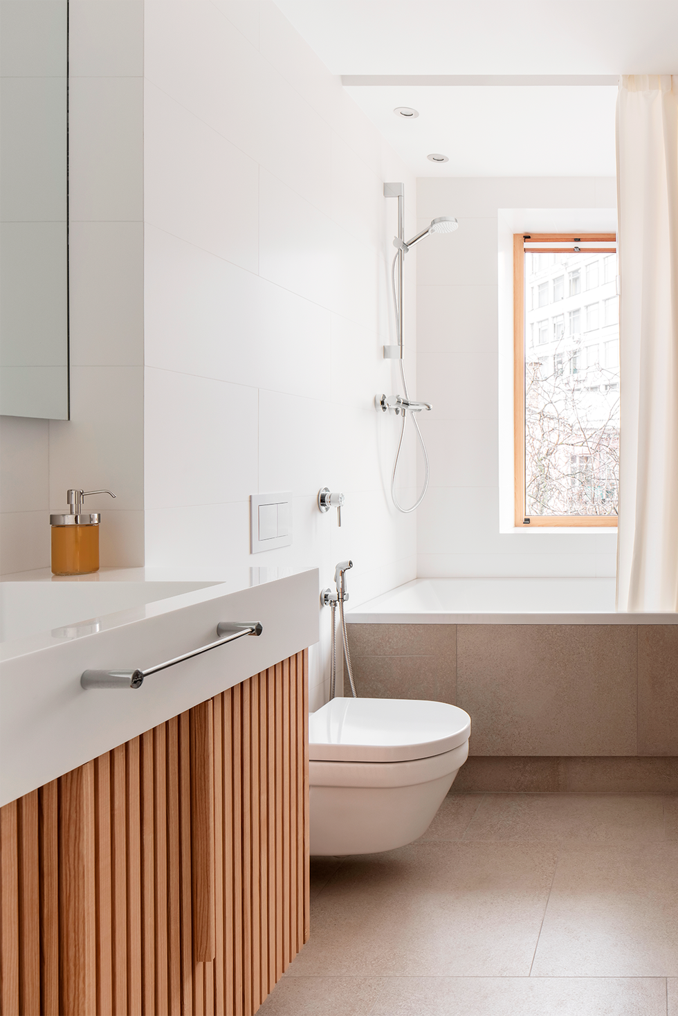 modern bathroom ideas, white with wood slat cabinet