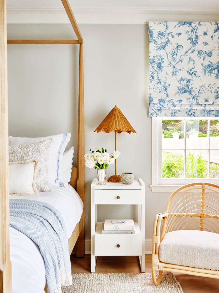 guest room with window treatment in a botanical schumacher fabric bedroom