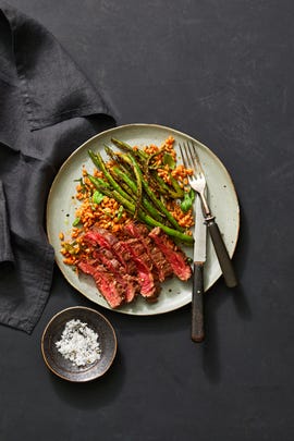 steak with farro salad and grilled green beans