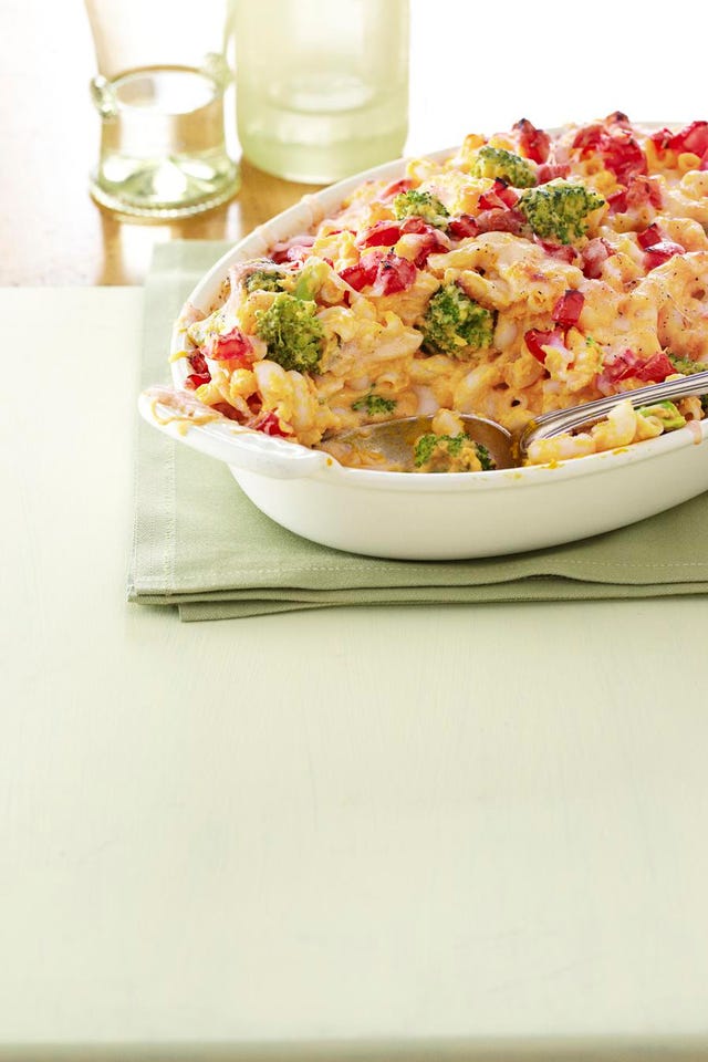 cauliflower mac n cheese in white dish