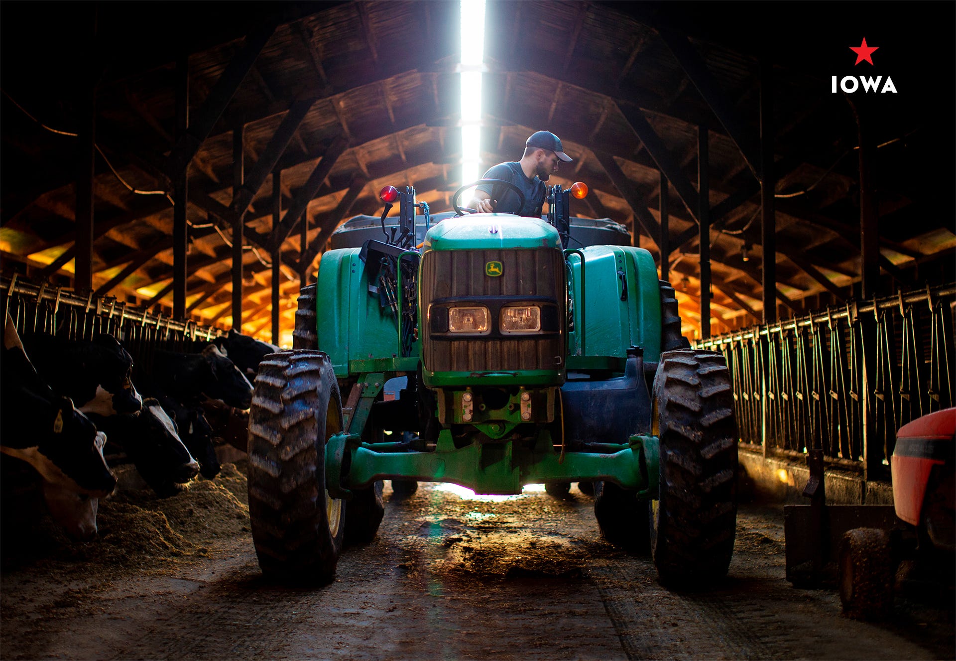 farmworker on tractor in his dairy farm in iowa