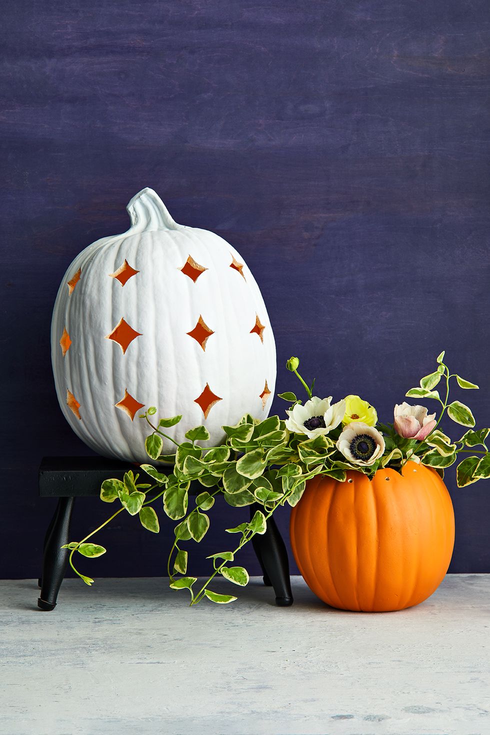 pumpkin carving ideas, white pumpkin with star cutouts