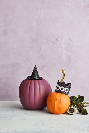 pumpkin topped with witch hat