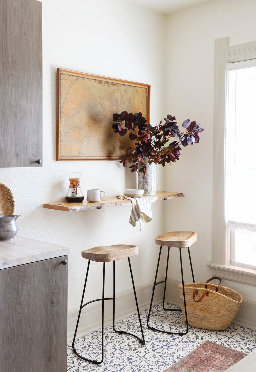 breakfast nook created with live edge wood and a diy floating shelf