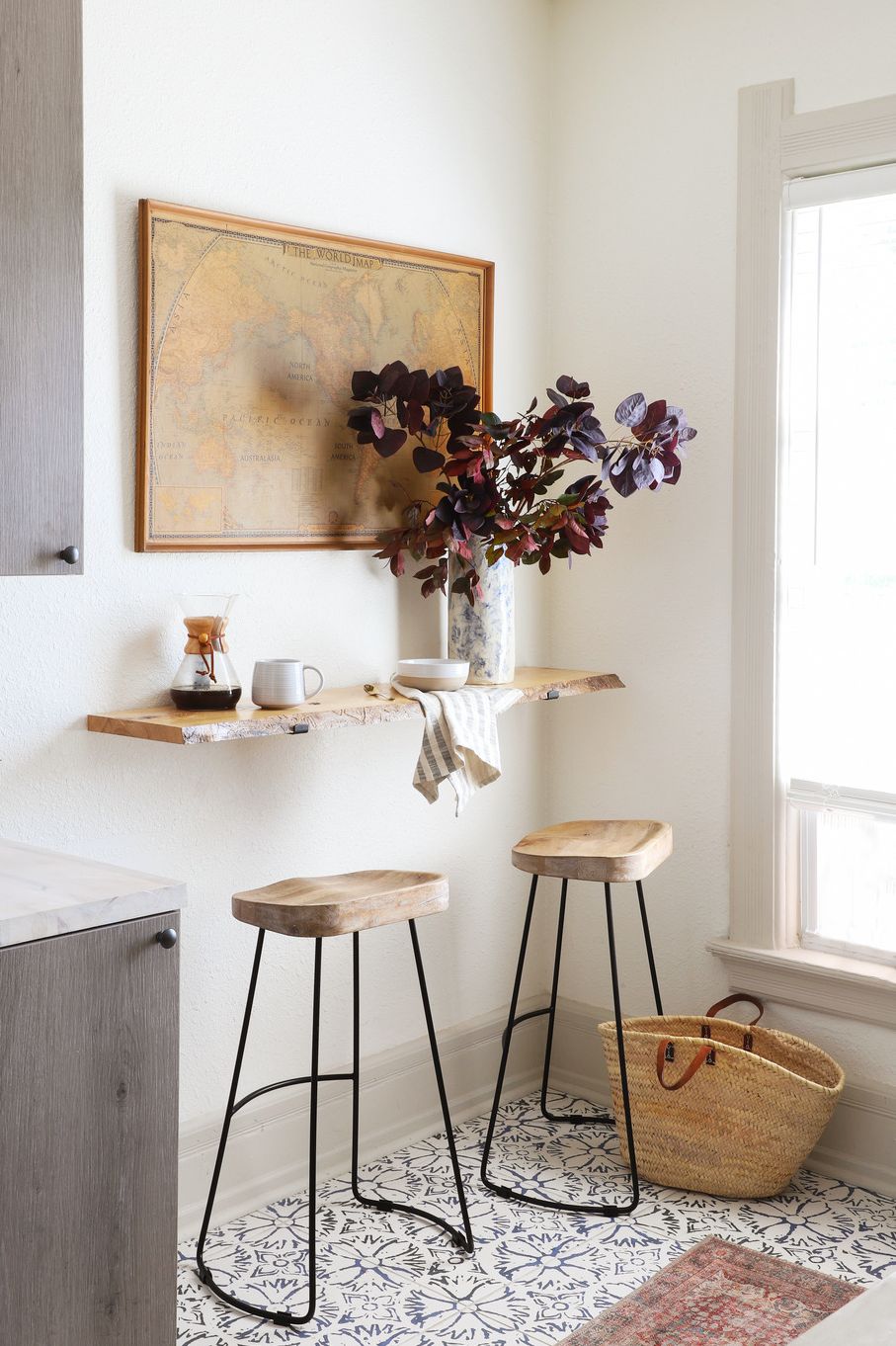 brunch nook, breakfast nook created with live edge wood and a diy floating shelf kit designed by jenni yolo of i spy diy