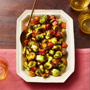 Brussels Sprouts with Heaps of Bacon brussels sprouts with heaps of bacon in a white platter