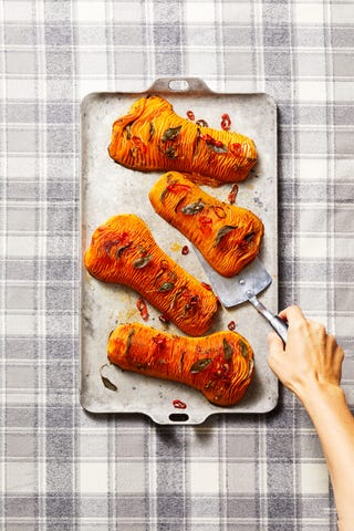 hassleback butternut squash on a sheet pan