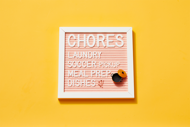 pink letter board chore chart with mini cooking utensils