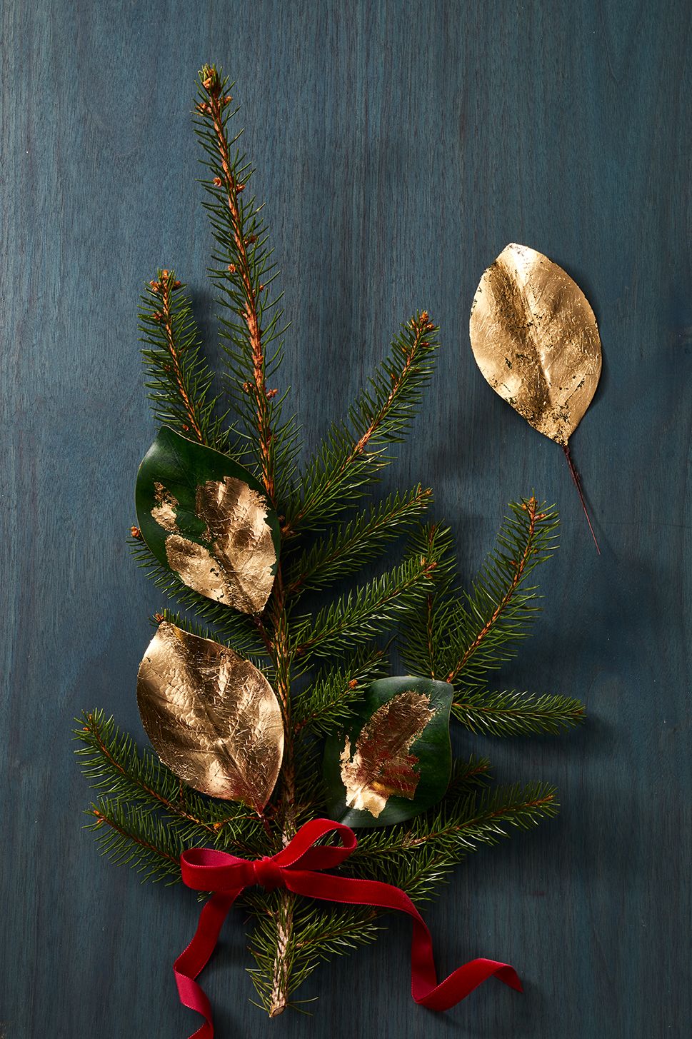 DIY Christmas gold leaf on pine tree branches