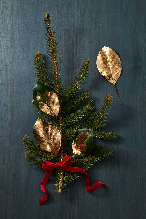 diy christmas gold leaves on pine tree branch