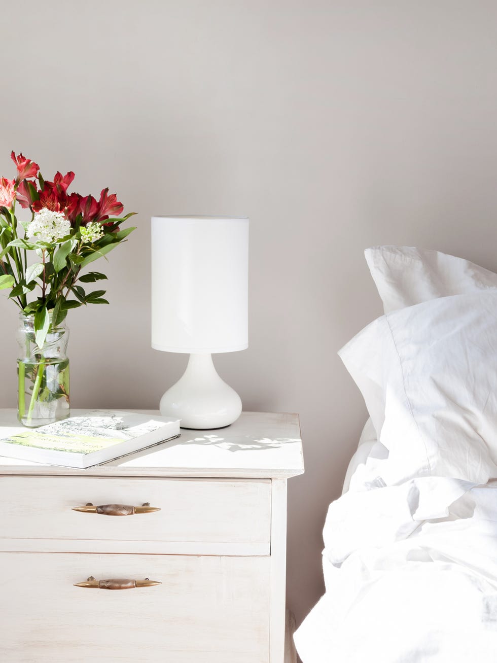 White, Nightstand, Furniture, Room, Red, Chest of drawers, Table, Bedroom, Interior design, Plant, 