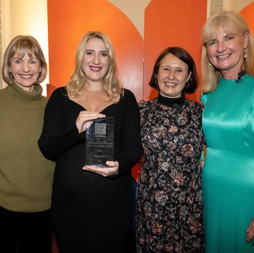 left to right kate mosse, stacey halls, jo finney and gaby huddart, stand on stage after stacey halls, author the familiars, wins the women’s prize for fiction award at the good housekeeping live event in celebration of their 100th anniversary in london on friday 14th october 2022