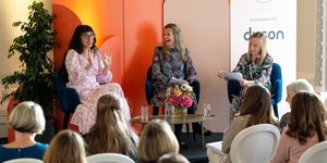 melissa hemsley, emilie martin and meike beck discuss on stage ‘how to have a sustainable kitchen’ at the good housekeeping live event in celebration of their 100th anniversary in london on saturday 15th october 2022