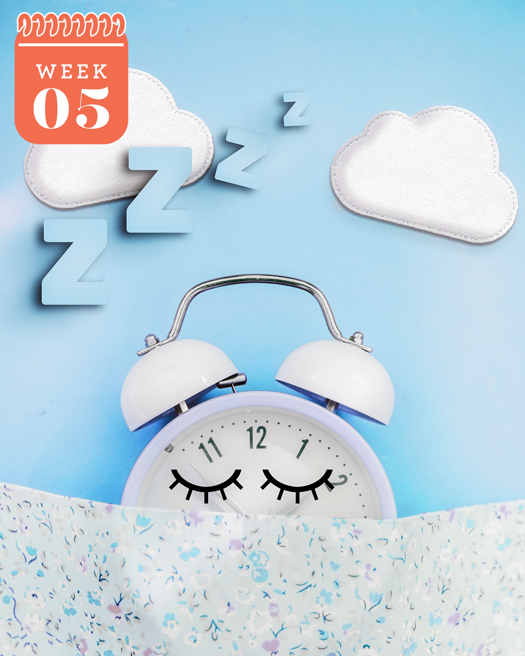 alarm clock with closed eyes drawn on under bedsheet
