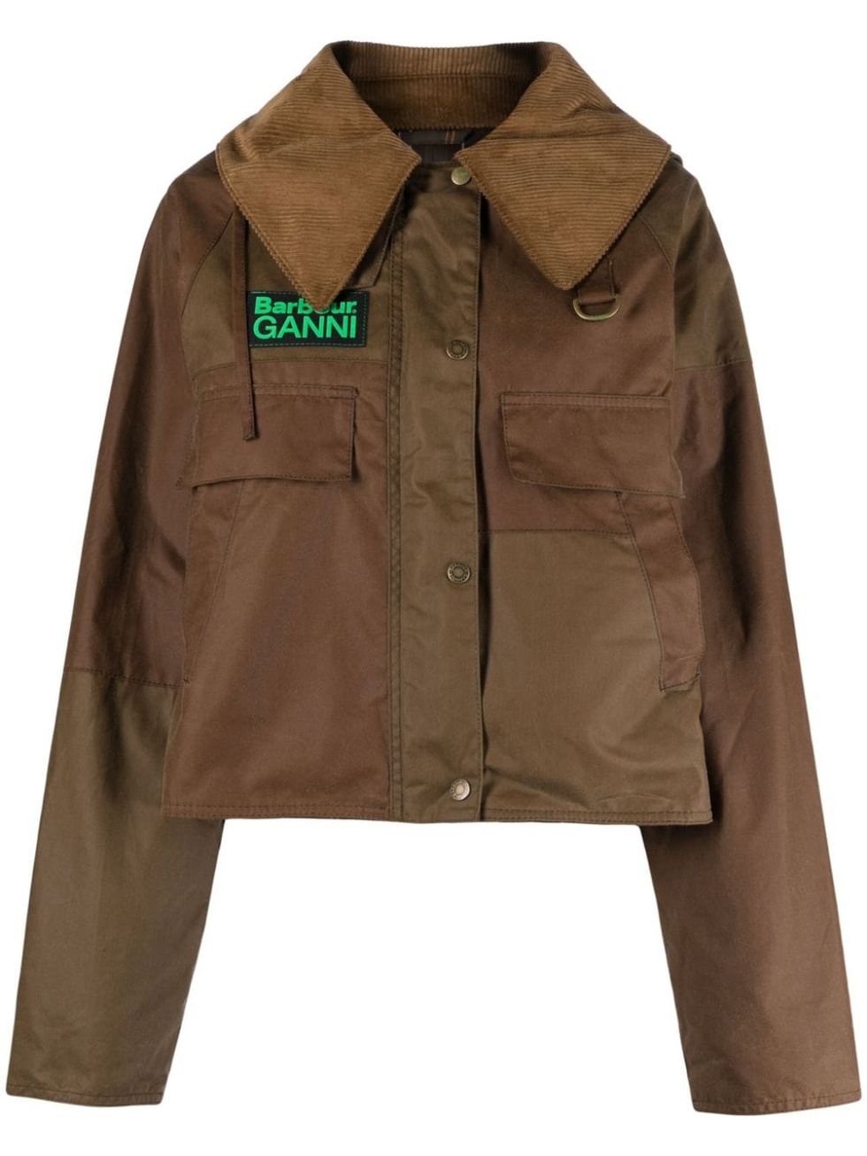 a brown jacket with green text