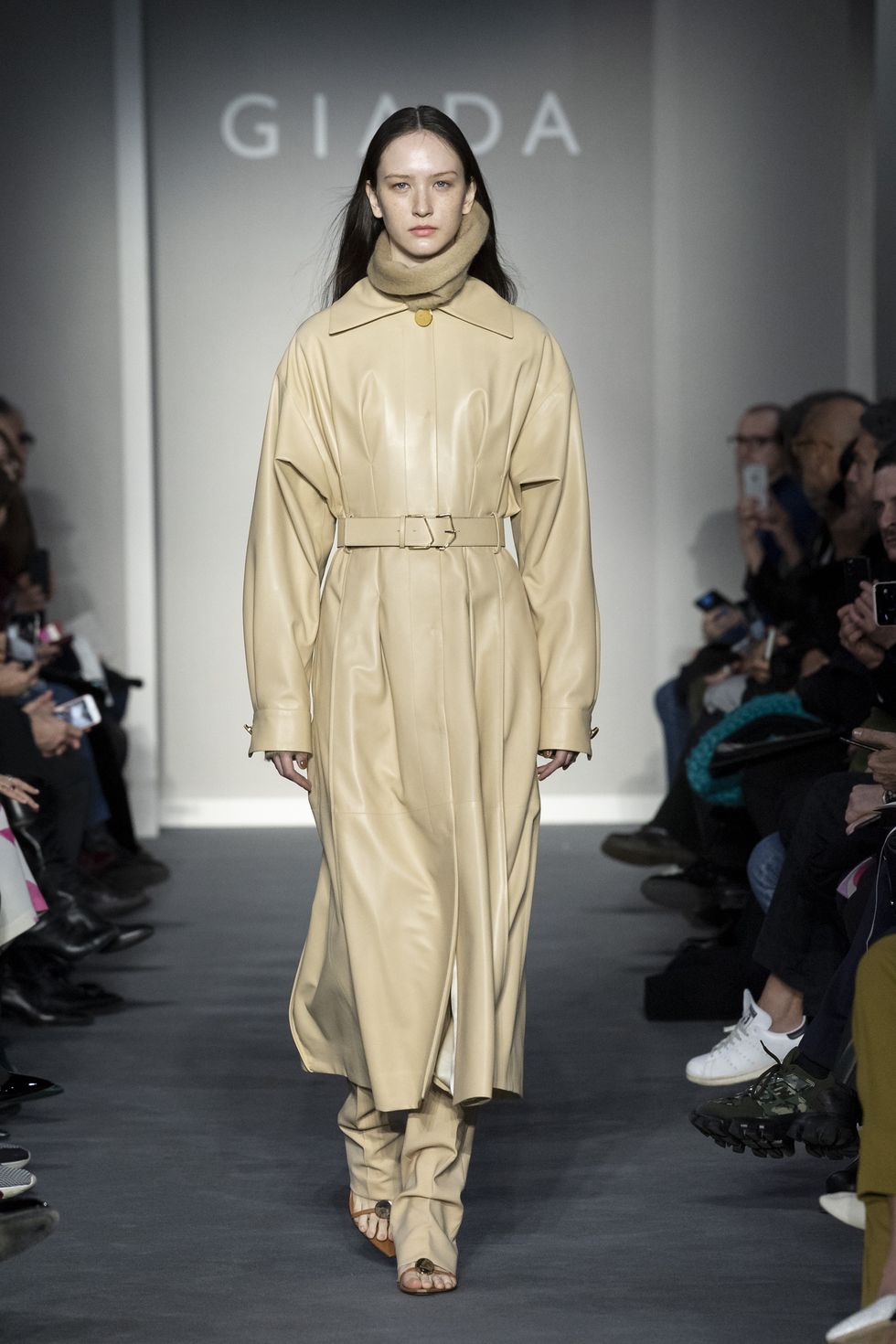 a model wearing an outfit from the women s ready to wear collections, winter 2020, original creation, during the womenswear fashion week in milan, from the house of giada