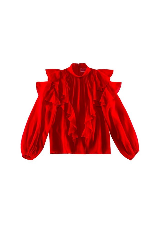 Clothing, Red, Outerwear, Jacket, Sleeve, Blouse, Blazer, Top, Coat, Ruffle, 