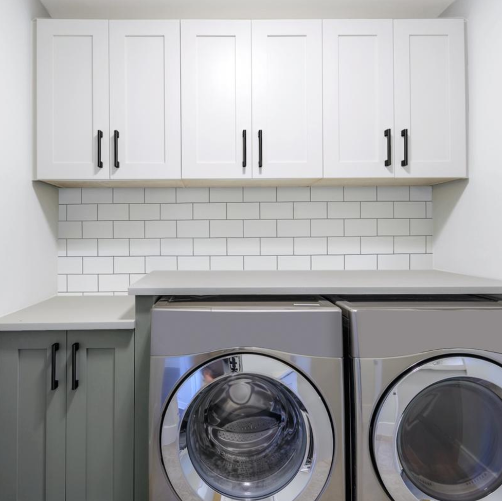 Laundry room, Laundry, Major appliance, Washing machine, Room, Clothes dryer, Cabinetry, Home appliance, Kitchen, Countertop, 