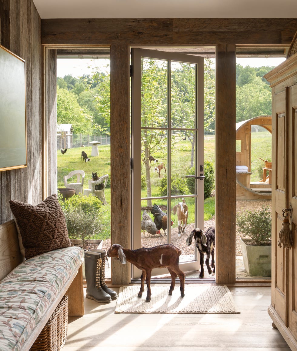 mudroom with bench with cushion and goats walking inside glass exterior door
