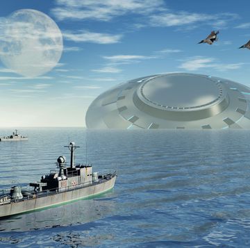 giant ufo in body of water with a ship in the foreground and the moon and two fighter jets in the sky