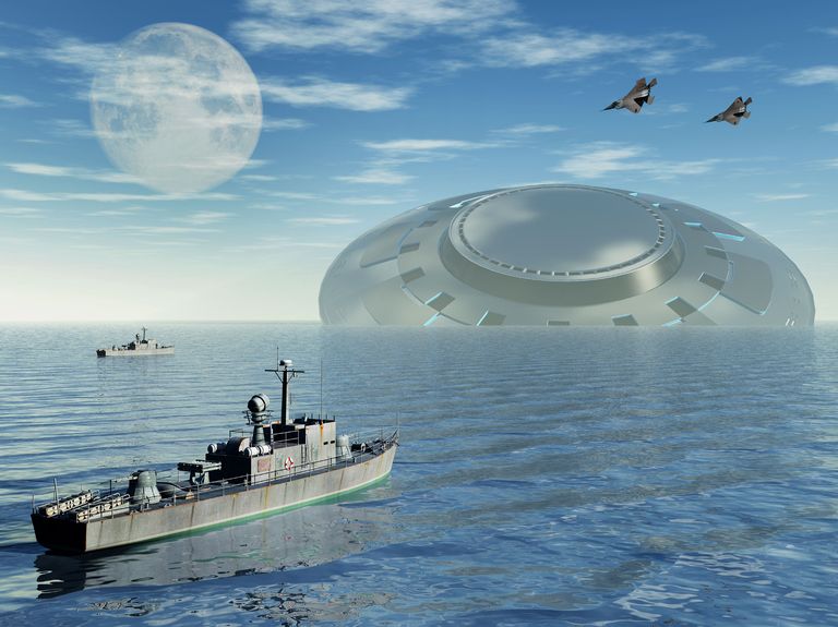 giant ufo in body of water with a ship in the foreground and the moon and two fighter jets in the sky