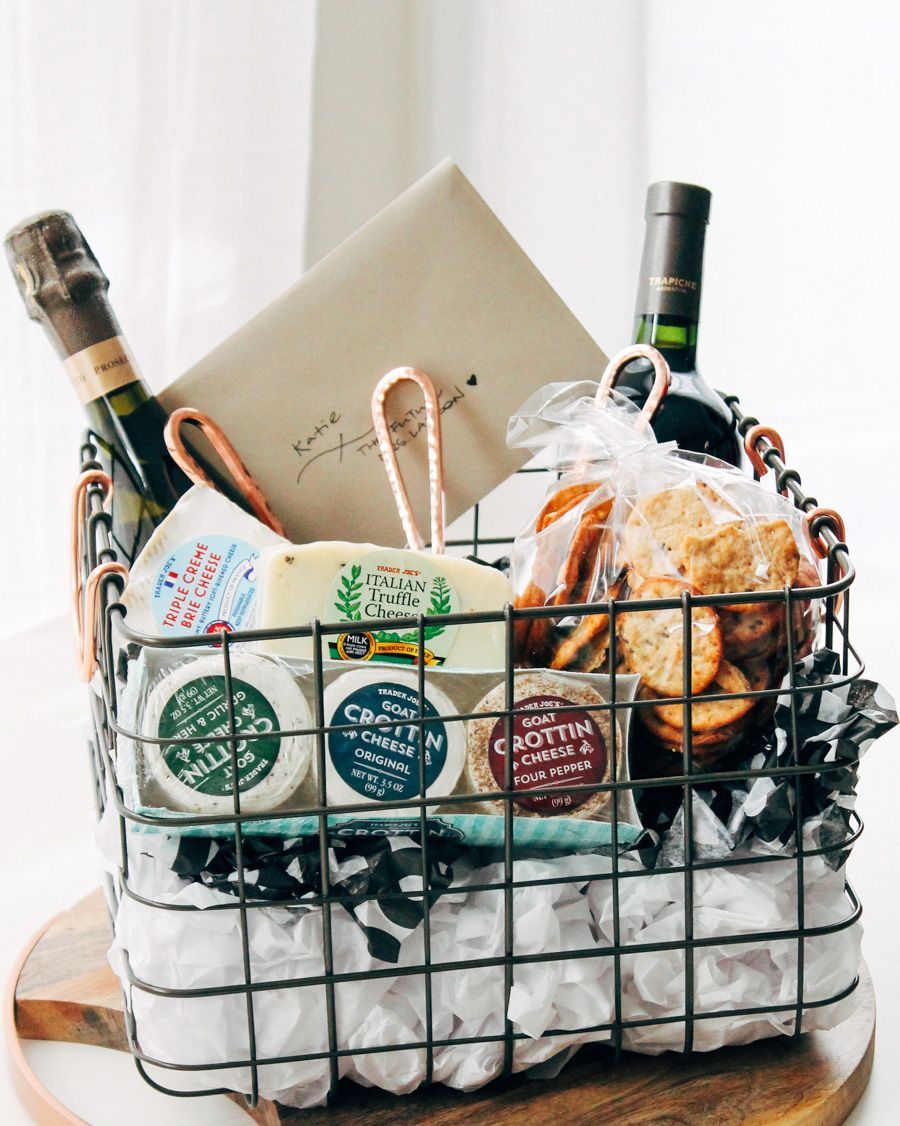 cheese lovers gift basket in a wire basket