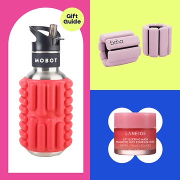 collection of gift items including a water bottle weights headphones a suitcase and lip mask collection of gift items including a water bottle weights headphones a suitcase and lip mask
