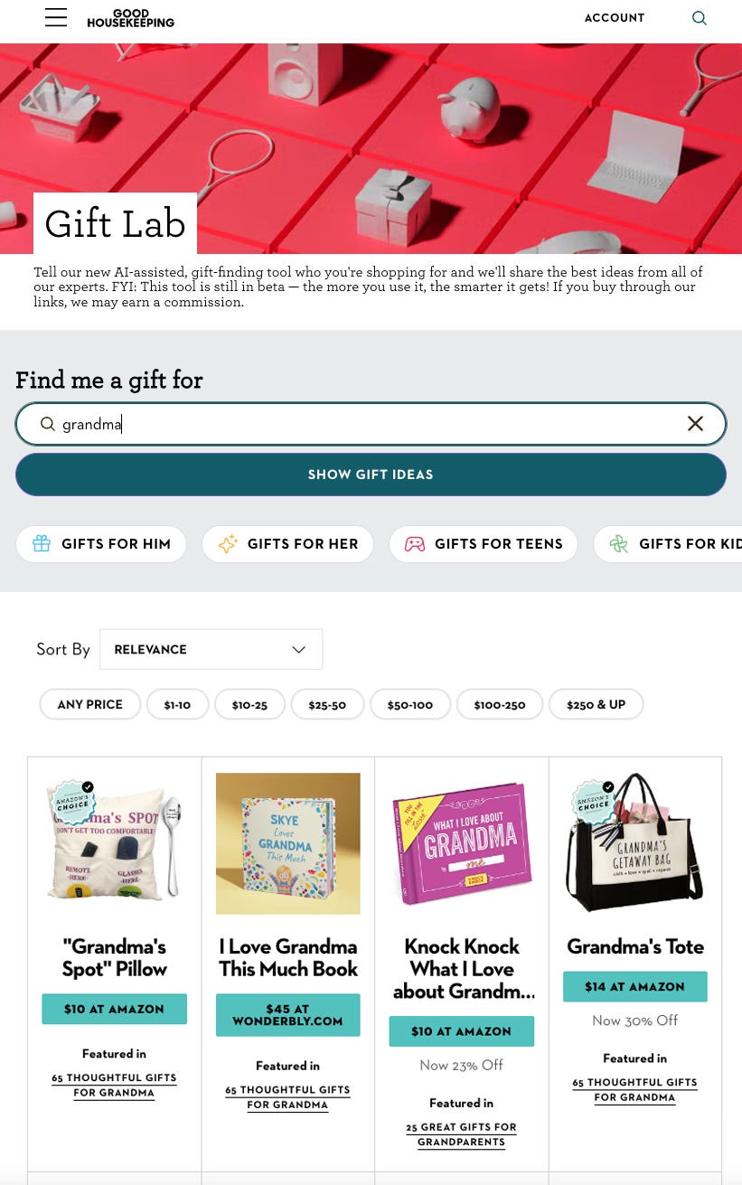 a user interface for a gift finding tool prominently featuring the heading gift lab