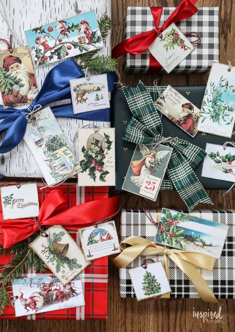 four presents with vintage inspired gift tags