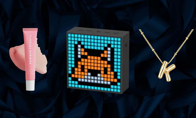 summer fridays lip balm, pixel art bluetooth speaker and k bubble letter necklace