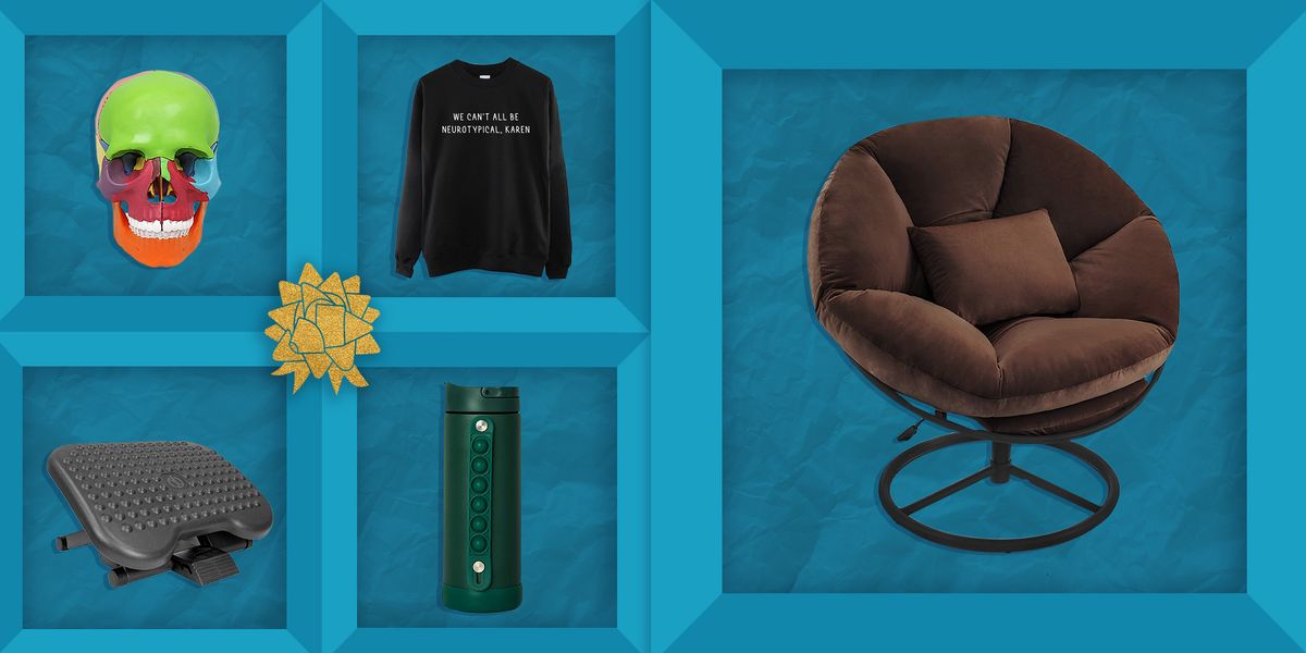 skull toy, sweatshirt, swivel chair, fidget water bottle, under desk foot rest