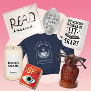 gifts for book lovers such as read instead art, fell asleep here spoon bookmarks, bury me with my tbr long sleeves, mugs, candles, pins, reading glasses holders, and more