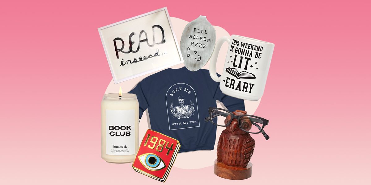 gifts for book lovers such as read instead art, fell asleep here spoon bookmarks, bury me with my tbr long sleeves, mugs, candles, pins, reading glasses holders, and more