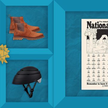 backpack, boots, national parks calendar, helmet, coffee