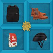 backpack, boots, national parks calendar, helmet, coffee