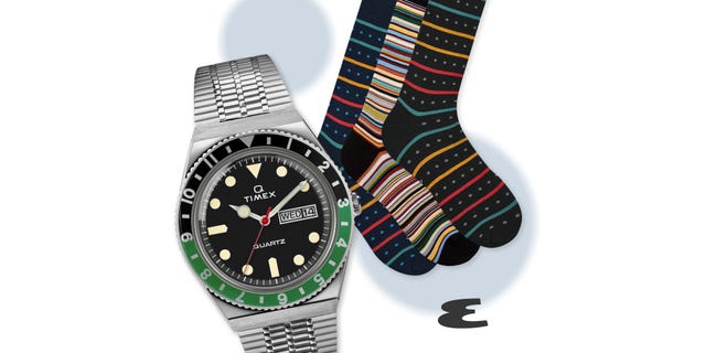 a silver watch and three striped socks