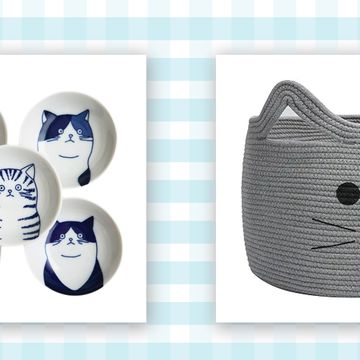 gifts for cat lovers, blue and white cat themed sauce dishes, cat head shaped woven cotton basket