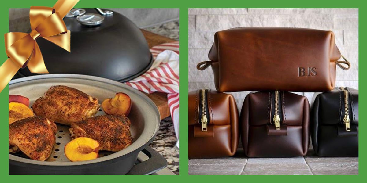 gifts for dad two pictures side by side left picture is chicken cooking in a pot right picture are leather monogrammed dop kits