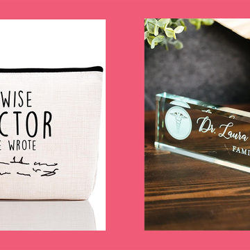 funny makeup bag and personalized glass doctor nameplate