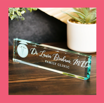 funny makeup bag and personalized glass doctor nameplate