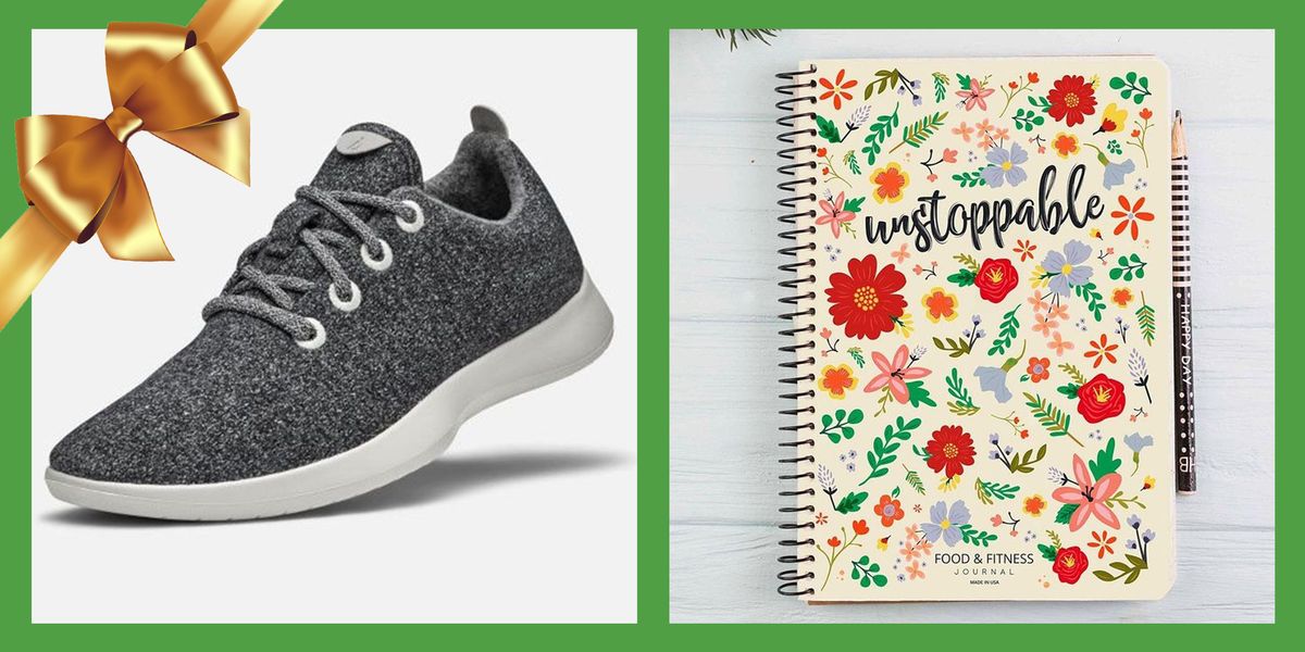 gifts for fit moms allbirds gray sneaker on the left and unstoppable fitness journal on the right